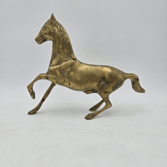 Vintage Brass Galloping Horse Statue Rich Gold Tone Running Horse Figurine 7x10 - Picture 3 of 14